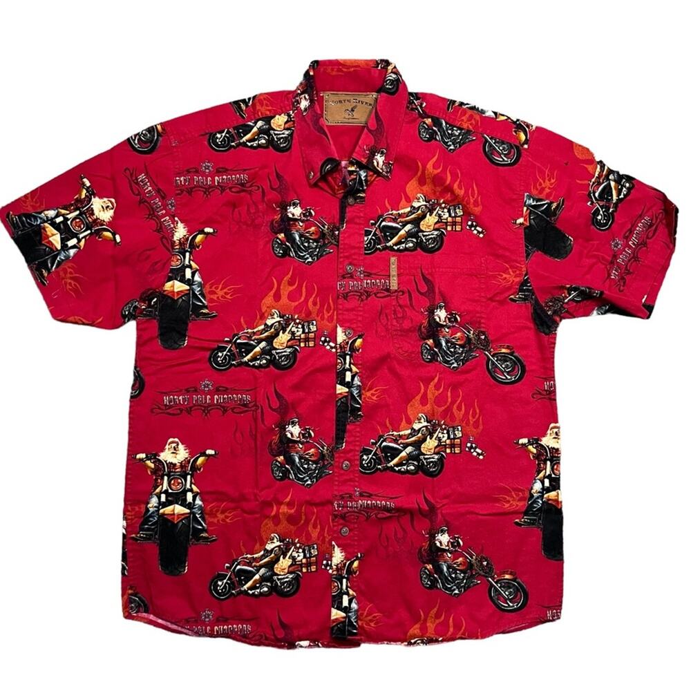 North River North Pole Choppers Santa Motorcycle Christmas Button Shirt Mens MED